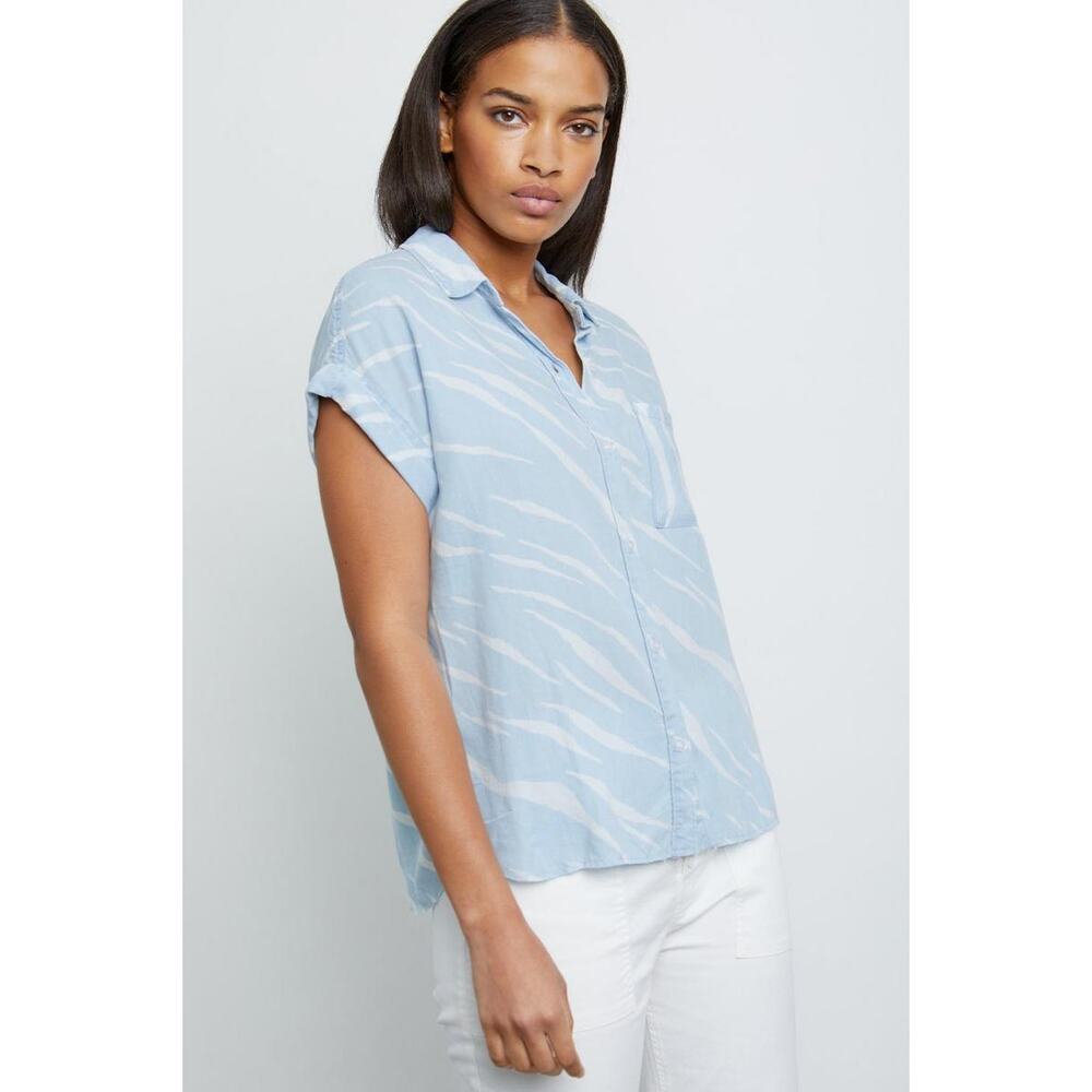 RAILS Lex Shirt in Light Vintage Zebras Size XS Blue White Stripe Tencel Raw Hem